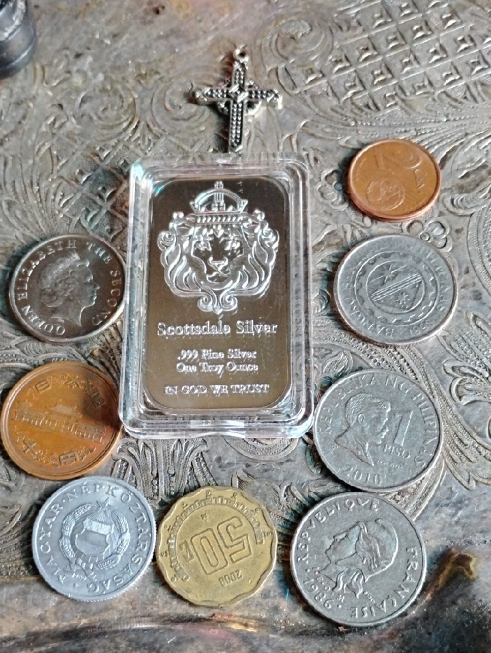 Scottsdale Silver 1 oz .999 Fine Silver Plate Bullion Bar with World Coin Lot &9